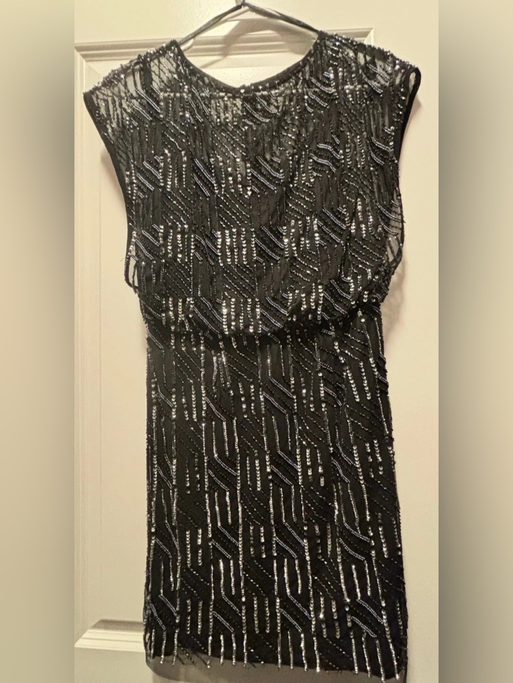 Aidan Mattox Sequin Geometric Mini Dress Black & Silver Size 2